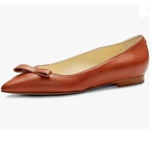 XYD Saddle Brown Cute Bow Knot Pointed Toe Stacked Heel Flat Dress Shoes